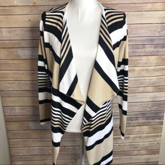Adrienne Vittadini Sweaters - Open Front Cardigan with Black, White and Cream